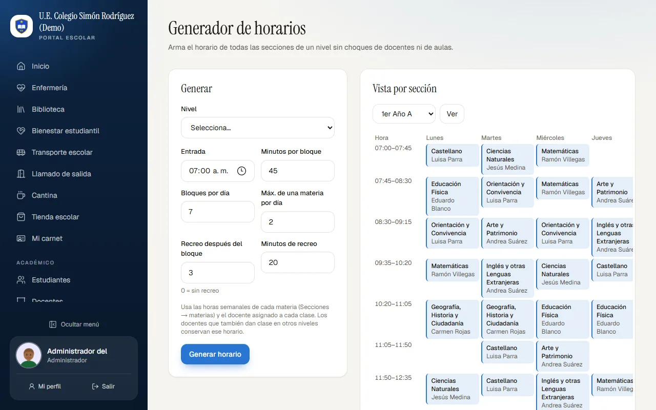 Horarios por sección del colegio de demostración